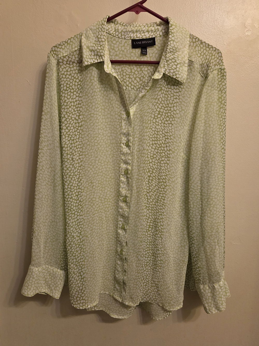 Lane Bryant Green Chiffon Pebble Print Button Down Blouse 14/16 Office Chic